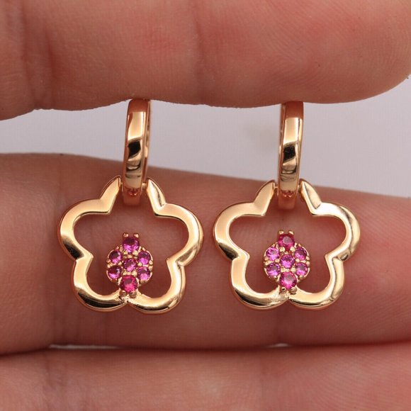 18K Yellow Gold Filled Hollow Flower Rose Pink Diamond Zircon Dangle Earrings - Picture 1 of 2